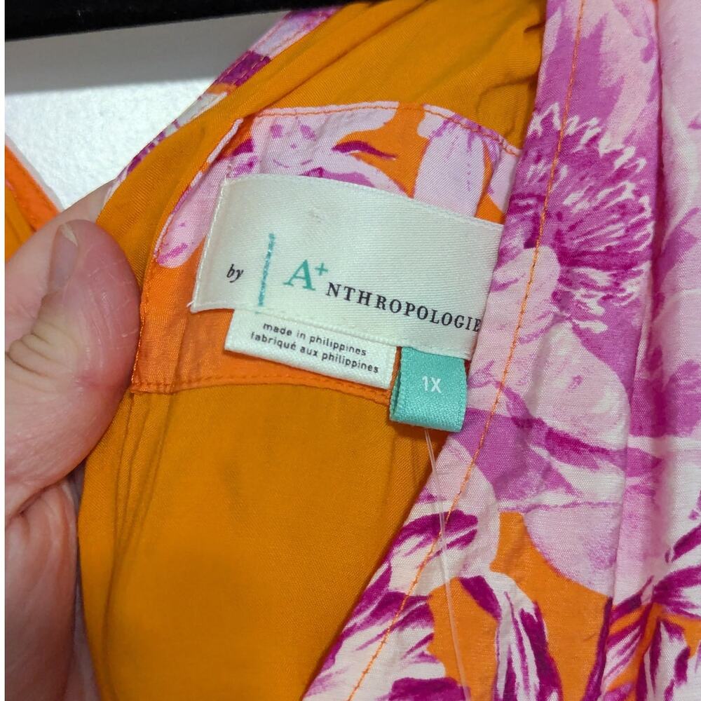 Anthropologie Gathered Maxi Dress Tiered Orange Pink Floral Womens 1X V Neck - Picture 4 of 6